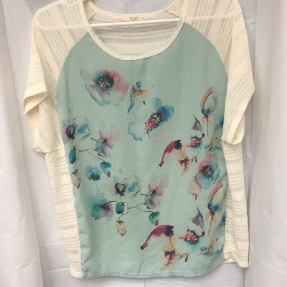 Le Lis women Floral Semi sheer pullover top short boxy sleeve size S lovely blue